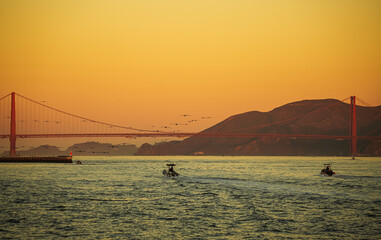 Transport industry architecture landmark Golden Gate bridge from San Francisco. Scenic image with...