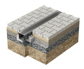 Cross section of drainage system concept with channel between pavement blocks isolated on white background - 3D illustration - 534657690