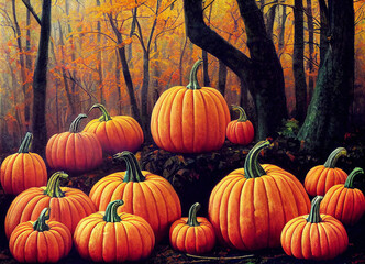 Plenty of pumkins on the ground in the foggy autumn forest