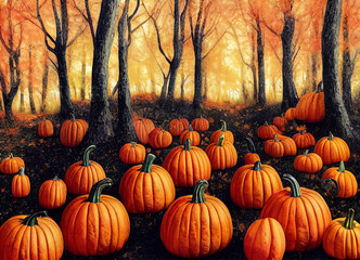 Plenty of pumkins on the ground in the foggy autumn forest