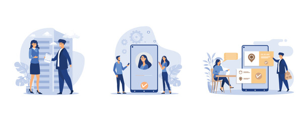 Manager giving document to female boss for signing, Face recognition and data safety, People using online appointment and booking app, set flat vector modern illustration