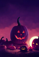 Spooky Halloween pumpkins under the purple sky and low moon on the background