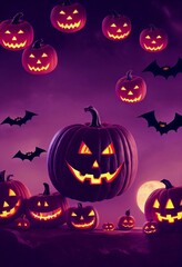 Spooky Halloween pumpkins under the purple sky and low moon on the background