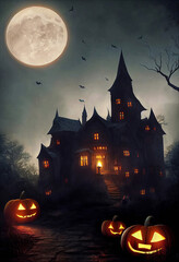 Medieval gothic castle in the dark Halloween night with pumpkins on the foreground, super moon and bats flying in the sky