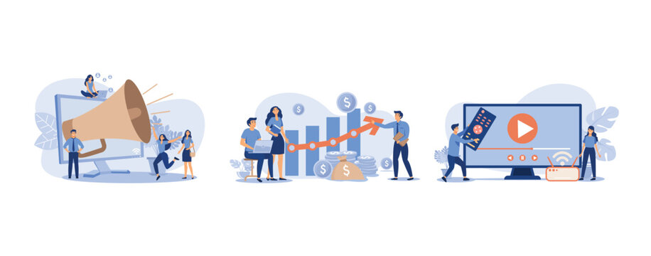Noisy big megaphone, Startup managers presenting and analyzing sales growth chart, Tiny couple watching video on Internet, set flat vector modern illustration