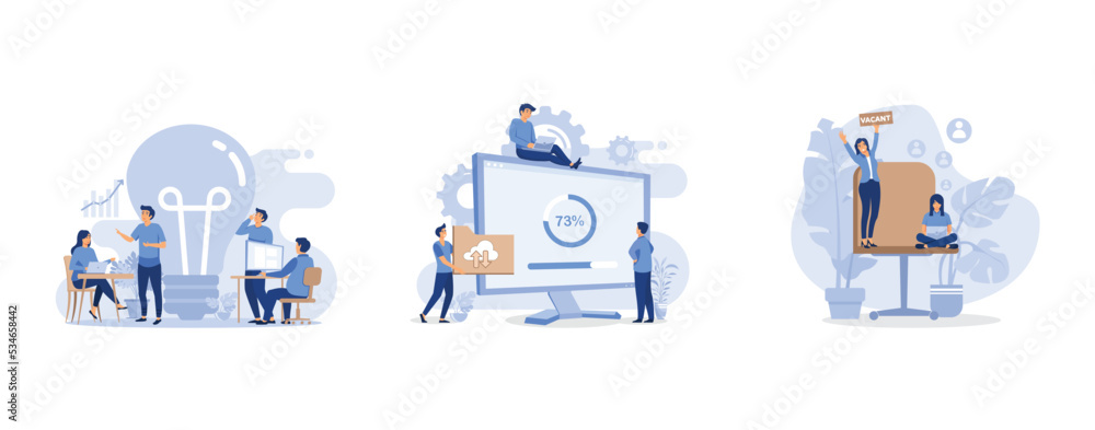 Poster light bulb and professional company staff working, tiny programmers upgrading operation system of co