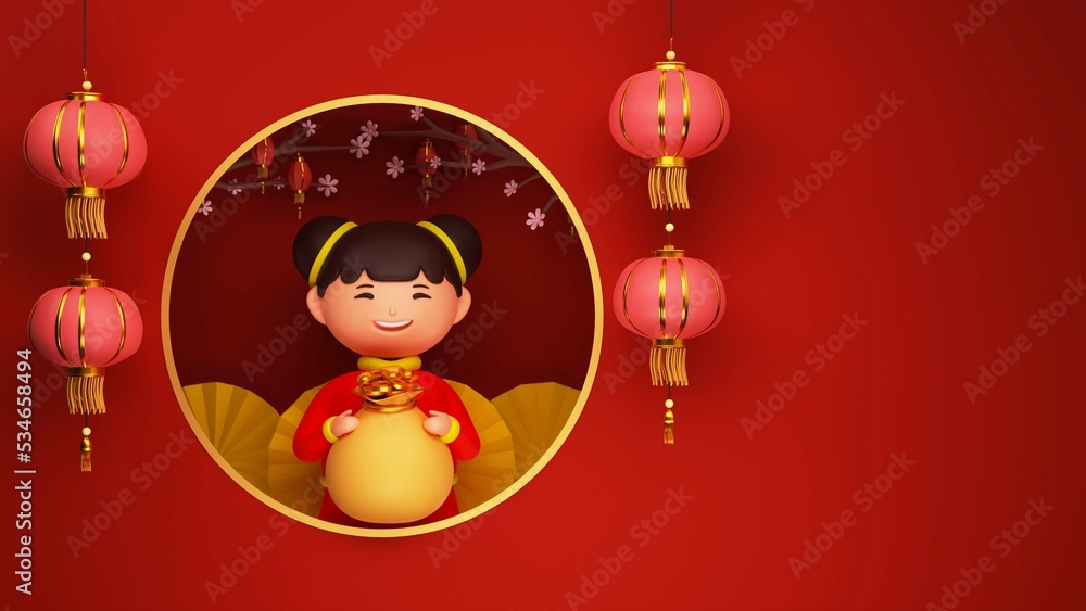 Sticker 3D Chinese Young Girl Holding Bag Full Of Gold Qing Coin With Traditional Lanterns, Flower Branch And Copy Space On Red Background.