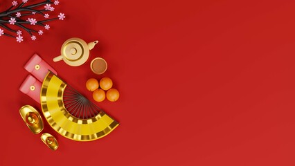 3D Top View Of Chinese Paper Fan With Ingots, Envelopes, Teapot, Cup, Persimmon Fruit, Flower Branch And Copy Space On Red Background.