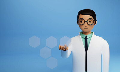 3D Render Of Male Doctor Touching Hexagon Element On Blue Background.