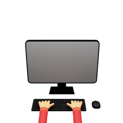 3D Render Of Human Hand Using Keyboard With Monitor, Mouse On White Background.