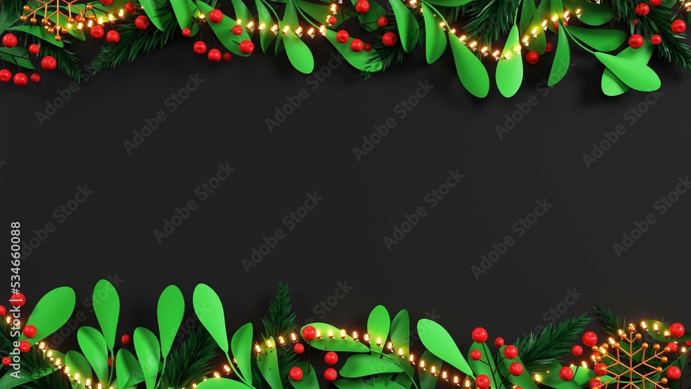 Canvas Prints Black Background Border Decorated By Green Leaves, Berries, Snowflakes, Illuminated Lighting Garland And Copy Space.