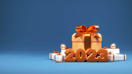 3D Render Of 2023 Number With Gift Boxes, Baubles, Snowflakes, Stars On Blue Background.