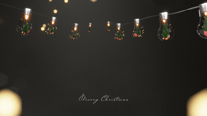 Merry Christmas Celebration Banner Design Decorated With Lighting Garland, Xmas Tree On Black Bokeh Effect Background.