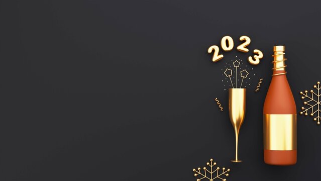 3D Golden 2023 Number With Champagne Bottle, Flute Glass, Star Sticks, Swirl Ribbon, Snowflake On Black Background.