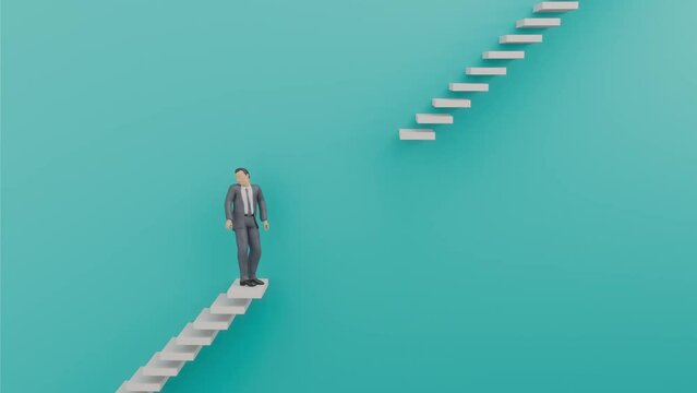 途切れた階段の途中で困惑するビジネスマン / ビジネスの難題・予期せぬ障害・解決不能の3Dモーショングラフィックス