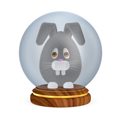 glass dome with black rabbit on wooden podium. Isolated 3D illustration on white background