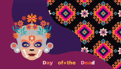 Dia de Los Muertos, Day of the Dead or Halloween greeting card,  banner, background. Sugar skulls, candle, maracas, guitar, sombrero,  marigold flowers, Сalavera la Catrina tradition skeleton decorati