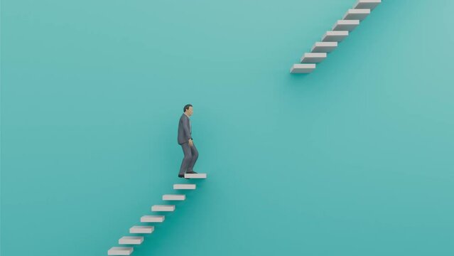 上る途中で途切れた階段と困惑するビジネスマン / ビジネスの難題・予期せぬ障害・解決不能の3Dモーショングラフィックス