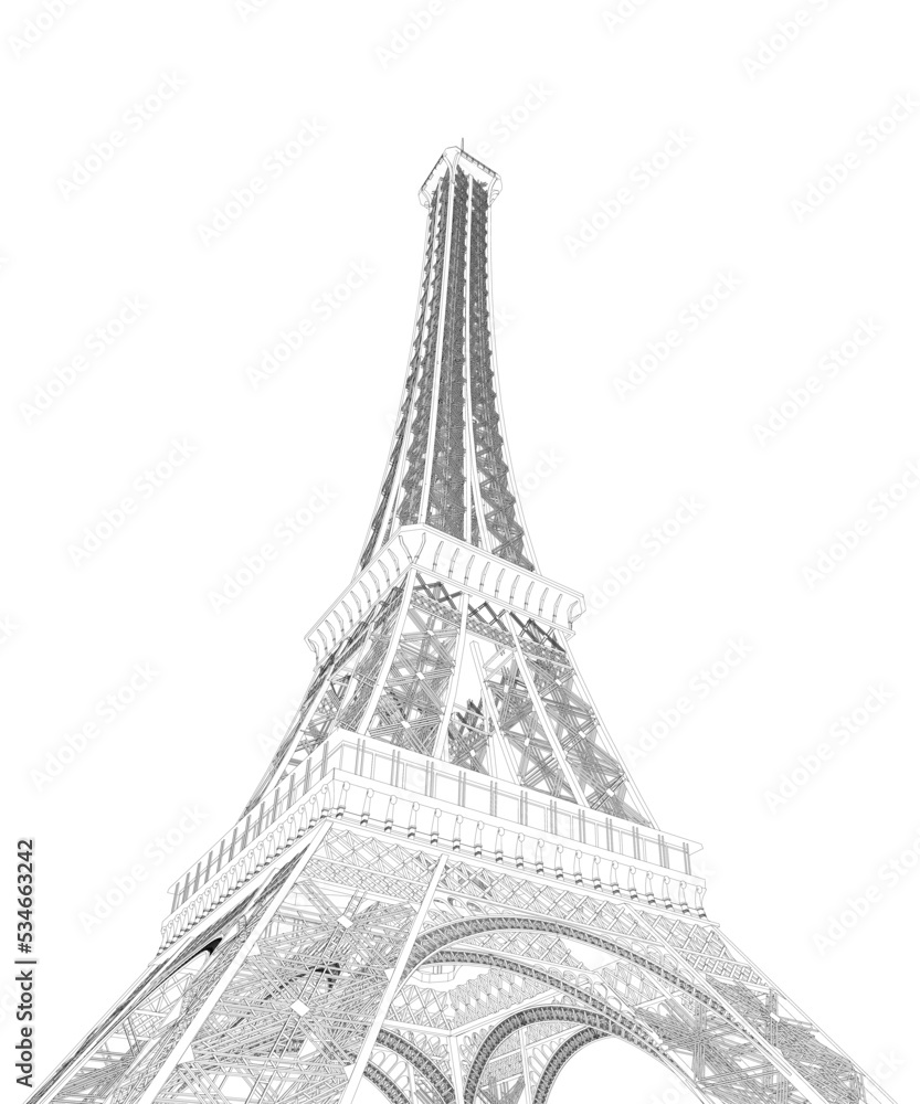 Poster outline of the eiffel tower from black lines isolated on a white background. detailed tower. bottom 