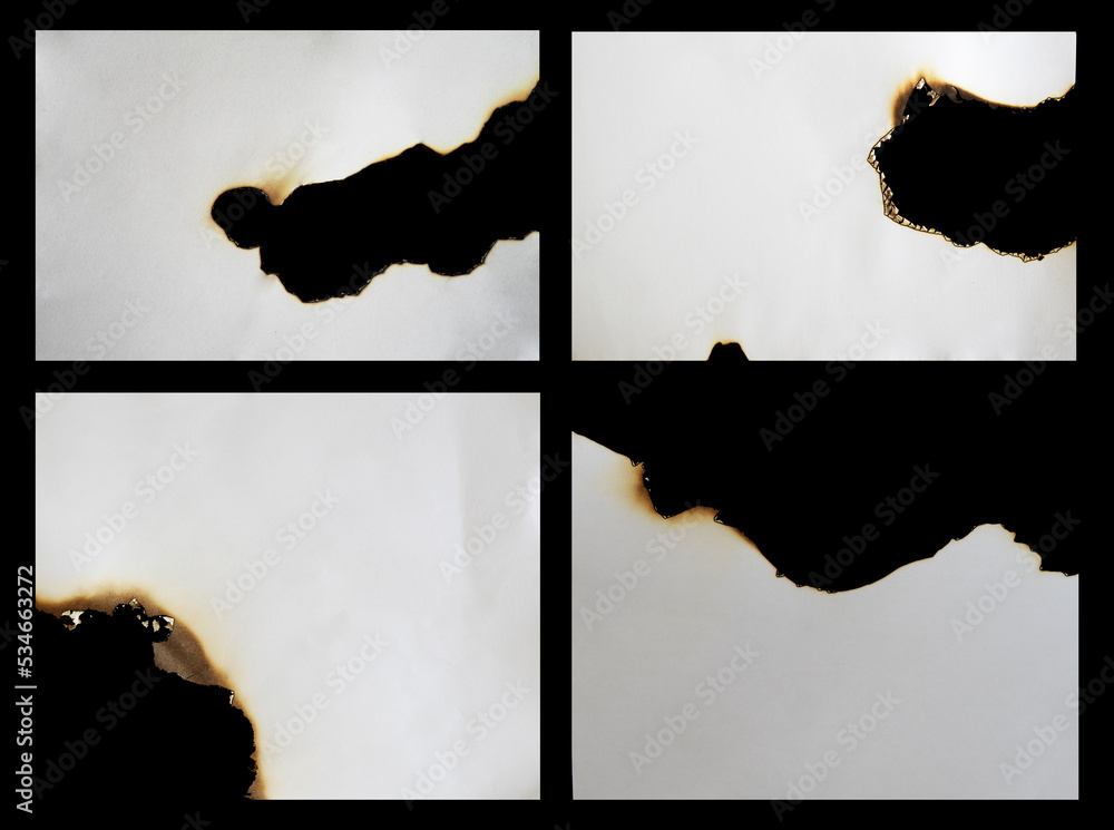 Poster set of burnt paper frame for texture overlay. damaged white paper with burnt stain background. collection of blank ripped paper edge for a design element.