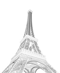 Fototapeta na wymiar Outline of the Eiffel Tower from black lines isolated on a white background. Detailed tower. Bottom view. 3D. Vector illustration.