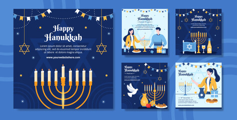 Happy Hanukkah Jewish Holiday Social Media Post Template Hand Drawn Cartoon Flat Illustration - obrazy, fototapety, plakaty