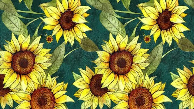 Watercolor seamless looping animation with sunflowers and autumn leaves. Bright, autumn background with hand drawn nature motifs
