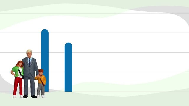 The concept of decreasing youth population and increasing elderly population. Miniature people and bar graph.
