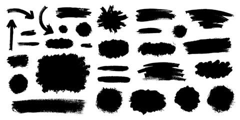Grunge brush strokes set isolated on white background. Place for text or logo. Border artistic shape, paintbrush elements. Texture overlays. 