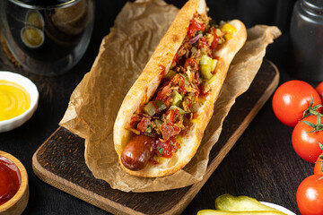 Tasty hot dog with sauses, cherry tomato and cola on black background