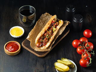 Tasty hot dog with sauses, cherry tomato and cola on black background