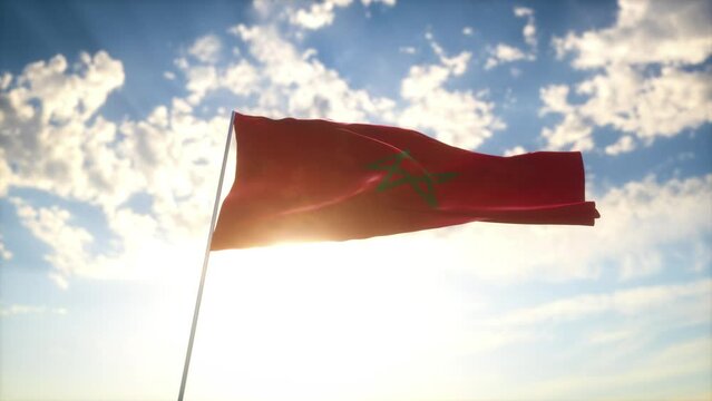 Drapeau 3D du Maroc flottant au vent devant un ciel bleu