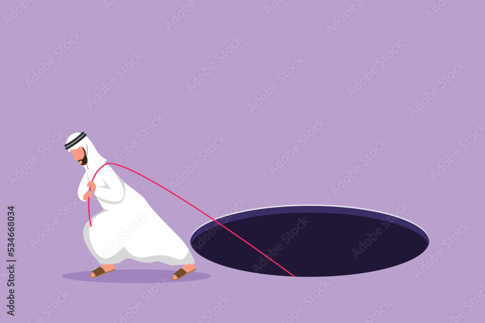 Wall mural Graphic flat design drawing Arab businessman trying hard pulling rope to drag something from hole, metaphor to facing big problem. Business struggles in competition. Cartoon style vector illustration