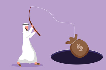 Graphic flat design drawing Arab businessman holding fishing rod got big money bag from hole. Man catching money bag with fishing rod. Business idea for making money. Cartoon style vector illustration