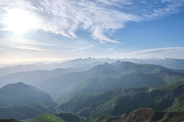 first rays of sun in the mountains of the Pyrenees.