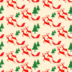 Christmas seamless pattern with reindeer, sleigh and pine tree on beige background. Cute cartoon seasonal surface. Animal character vector illustration.
