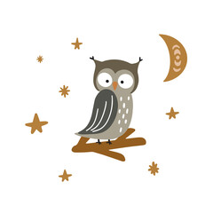 Cute vector illustration with an owl on a white background. Poster for decorating nursery and textiles
