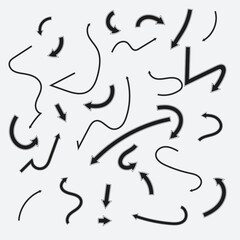 Doodle Vector Arrow Set. Grunge Sketch arrow. Grunge texture. Curly and wave orientation pointers. Vector