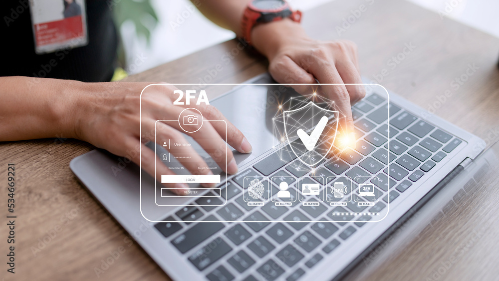 Poster 2fa increases the security of your account, two-factor authentication laptop screen displaying a 2fa