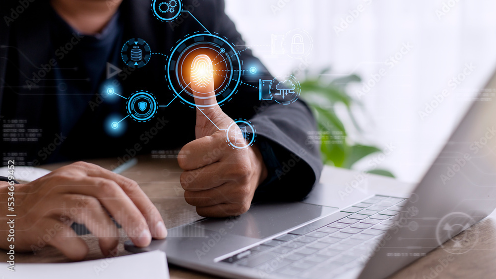 Poster technology fingerprint scan provides security. digital transformation change management,new technolo