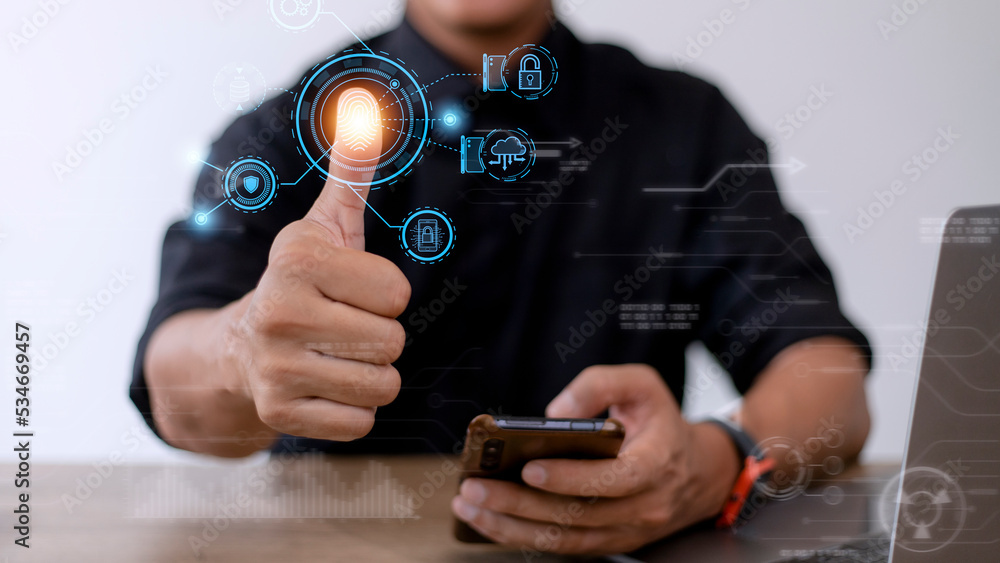Poster technology fingerprint scan provides security. digital transformation change management,new technolo