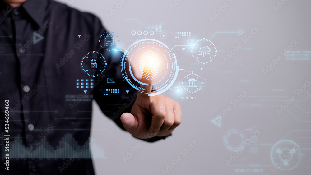Aufkleber security of future technology and cybernetics on the internet, finger scanning allows access to secu
