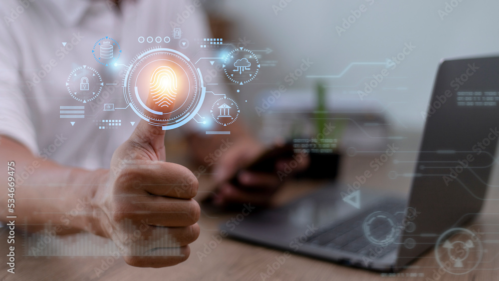 Aufkleber security of future technology and cybernetics on the internet, finger scanning allows access to secu