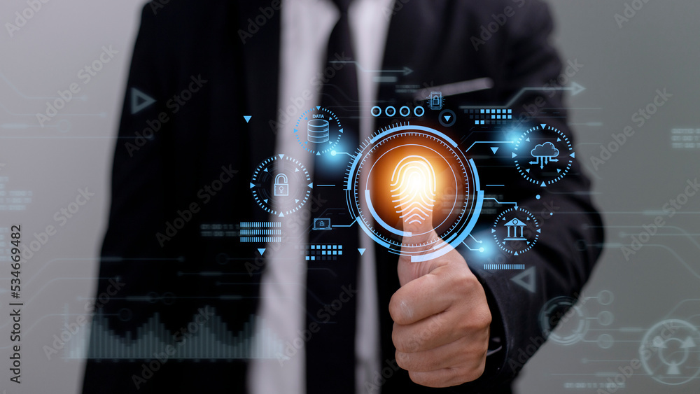 Aufkleber security of future technology and cybernetics on the internet, finger scanning allows access to secu