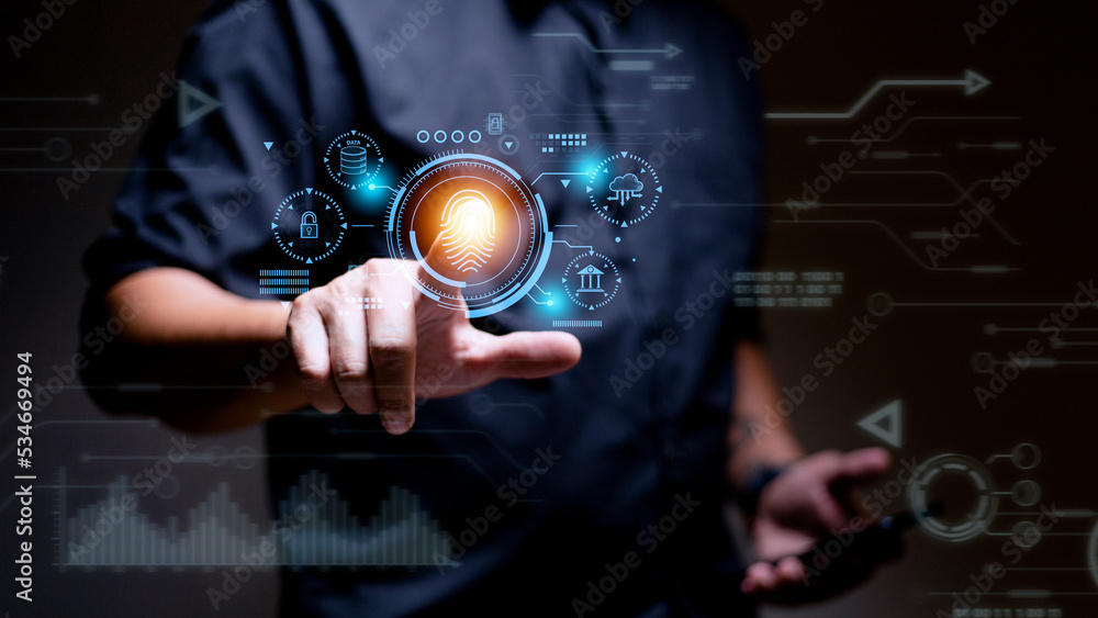 Aufkleber security of future technology and cybernetics on the internet, finger scanning allows access to secu