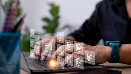 Businessman with Document Management System (DMS) Online Document Database and automated processes...