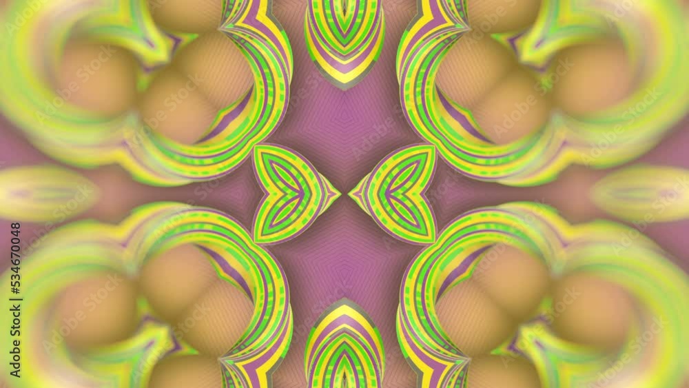 Poster Psychedelic pattern from a group of iridescent twisted shapes. 3d rendering abstract style background. Digital seamless loop animation. 4K, Ultra HD resolution
