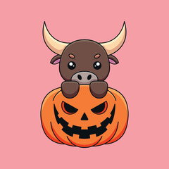 cute pumpkin bull halloween cartoon mascot doodle art hand drawn concept vector kawaii icon illustration