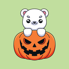 cute pumpkin polar bear halloween cartoon mascot doodle art hand drawn concept vector kawaii icon illustration