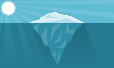 Iceberg or ice mountain floating melting in blue ocean sea with sun sunlight ray global warming cartoon flat vector design.